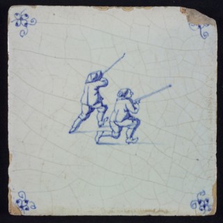 Scene tile, double child's play, blowpipe, corner motif spider, wall tile tile sculpture ceramic earthenware glaze, baked 2x