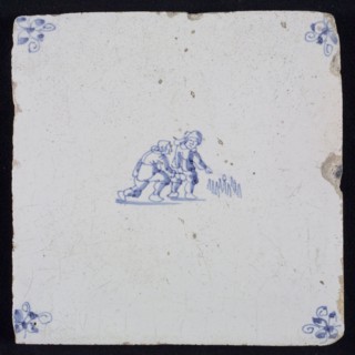 Scene tile, double child's play, skittles; corner motif spider, wall tile tile sculpture ceramic earthenware glaze, baked 2x
