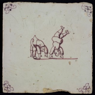 Scene tile, double child's play, upside-down, corner motif spider, wall tile tile sculpture ceramic earthenware glaze, baked 2x
