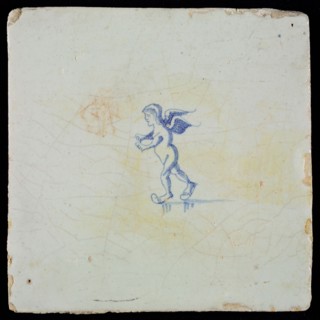 White tile with blue skating putto, wall tile tile sculpture ceramic earthenware glaze, baked 2x glazed painted skating winter