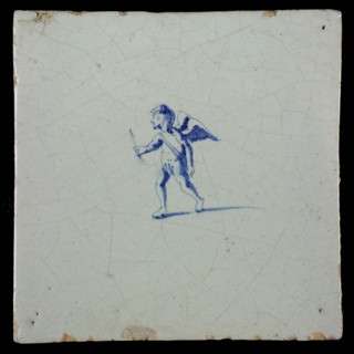 White tile with blue putto, wall tile tile sculpture ceramic earthenware glaze, baked 2x glazed painted