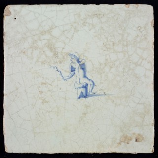 White tile with blue putto, wall tile tile sculpture ceramic earthenware glaze, baked 2x glazed painted
