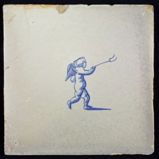 White tile with blue putto, wall tile tile sculpture ceramic earthenware glaze, baked 2x glazed painted