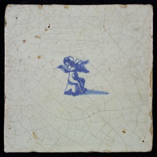 White tile with blue putto, wall tile tile sculpture ceramic earthenware glaze, baked 2x glazed painted