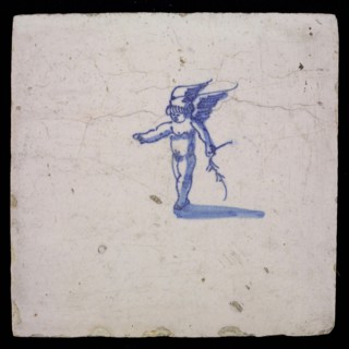 White tile with blue putto, wall tile tile sculpture ceramic earthenware glaze, baked 2x glazed painted