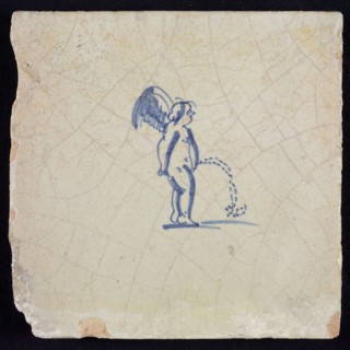 White tile with putto in blue pee, wall tile tile sculpture ceramic earthenware glaze, baked 2x glazed painted