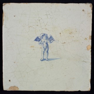 White tile with blue putto, wall tile tile sculpture ceramic earthenware glaze, baked 2x glazed painted
