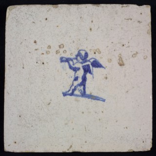 White tile with blue putto, wall tile tile sculpture ceramic earthenware glaze, baked 2x glazed painted