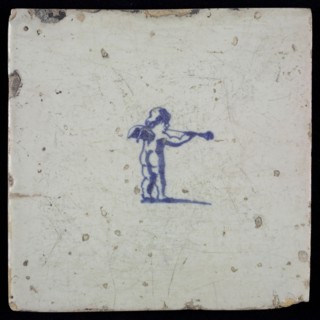 White tile with blue putto, wall tile tile sculpture ceramic earthenware glaze, baked 2x glazed painted