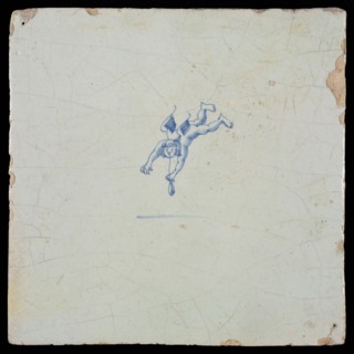 White tile with blue flying putto, wall tile tile sculpture ceramic earthenware glaze, baked 2x glazed painted