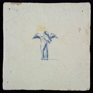 White tile with blue putto, wall tile tile sculpture ceramic earthenware glaze, baked 2x glazed painted