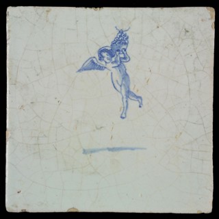 White tile with blue flying putto, wall tile tile sculpture ceramic earthenware glaze, baked 2x glazed painted