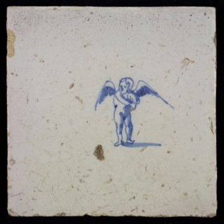 White tile with blue putto, wall tile tile sculpture ceramic earthenware glaze, baked 2x glazed painted
