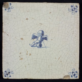 White tile with blue seated putto; corner motif spider, wall tile tile sculpture ceramic earthenware glaze, baked 2x glazed
