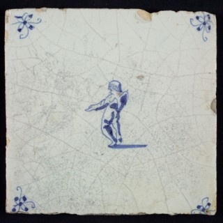White tile with blue putto; corner motif spider, wall tile tile sculpture ceramic earthenware glaze, baked 2x glazed painted