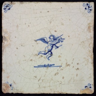 White tile with blue flying putto; corner motif spider, wall tile tile sculpture ceramic earthenware glaze, baked 2x glazed