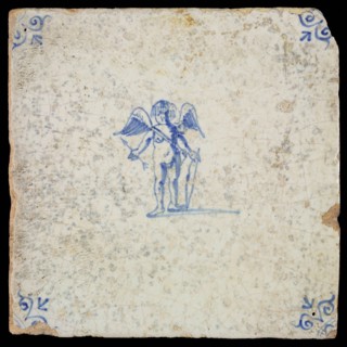White tile with blue cupid with bow and arrow; corner pattern ox head, wall tile tile sculpture ceramic earthenware glaze, baked