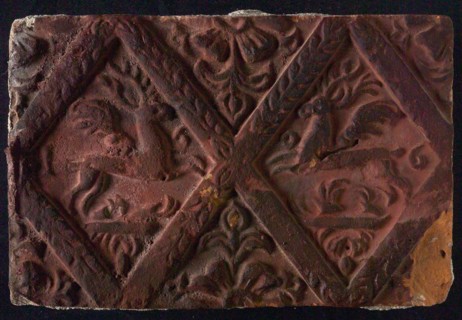 Hearthstone, from Antwerp Belgium, without frame, with winged deer in glass, fireplace stone part ceramic brick, baked Hearth