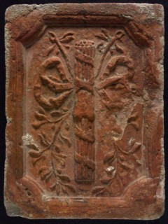 Hearthstone, from Antwerp Belgium, with bound reed bundle with heart, hearth fireplace component ceramics brick, baked Hearth