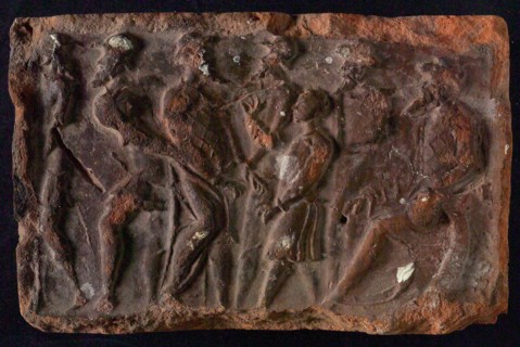 Hearthstone, from Antwerp Belgium, with narrow frame, with the history of Susanna, fireplace stone part ceramic pottery, fired