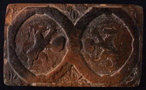 Hearthstone, from Antwerp Belgium, without frame, with lions in oval, hearth fireplace part ceramics brick, baked Hearth