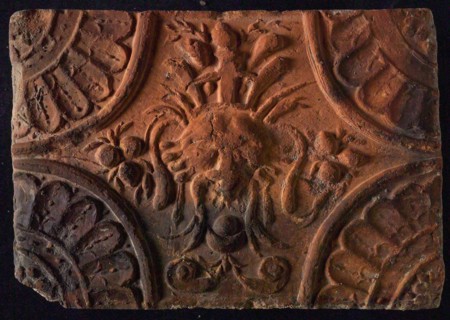 Hearthstone, from Antwerp Belgium, without frame, with mascaron, fireplace stone part ceramic brick, baked Hearth stone