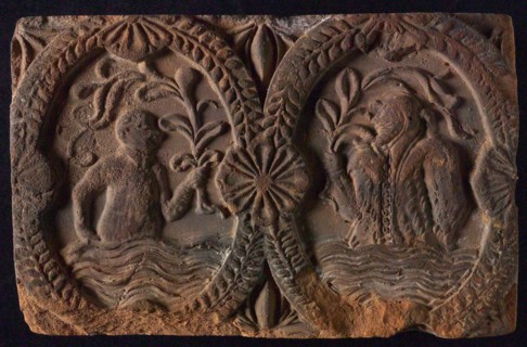 Hearthstone, from Antwerp Belgium, without frame, with monkey and jester, hearth fireplace component ceramics brick, fired