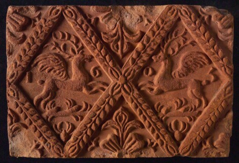 Hearthstone, from Antwerp Belgium, without frame, with winged deer in glass, fireplace stone part ceramics brick, baked Hearth