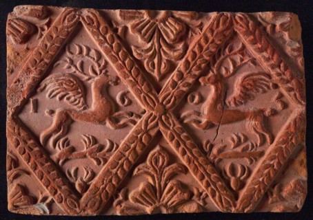 Hearthstone, from Antwerp Belgium, without frame, with winged deer in glass, fireplace stone part ceramic brick, baked