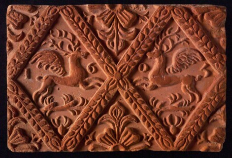 Hearthstone, from Antwerp Belgium, without frame, with winged deer in glass, hearth fireplace part ceramic brick, baked Hearth
