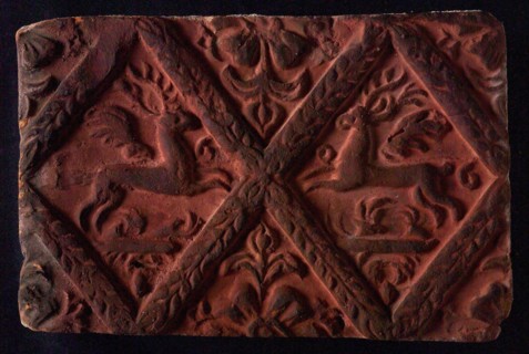Hearthstone, from Antwerp Belgium, without frame, with winged deer in glass, fire stone fireplace component ceramics brick
