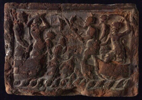 Hearthstone, from Antwerp Belgium, with narrow frame, with naval battle, hearth fireplace part ceramics brick, fired Hearth