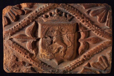 Hearthstone, from Antwerp Belgium, without frame, with crowned coat of arms, fireplace hearth part ceramic brick, baked Hearth
