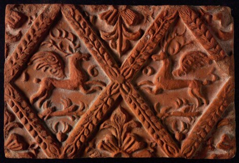 Hearthstone, from Antwerp Belgium, without frame, with winged deer in glass, hearth fireplace part ceramic brick, baked Hearth