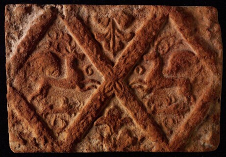 Hearthstone, from Antwerp Belgium, without frame, with winged deer in glass, hearth fireplace component ceramics brick, fired
