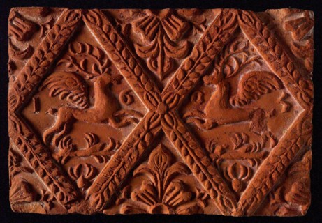 Hearthstone, from Antwerp Belgium, without frame, with winged deer in glass, fire stone fireplace component ceramics brick