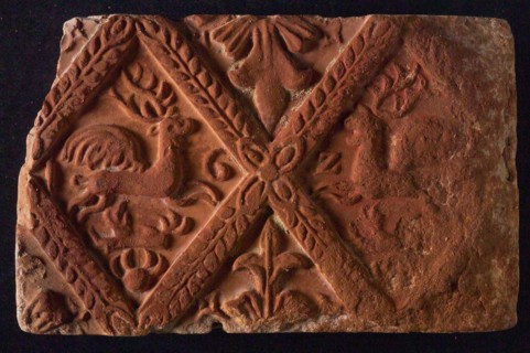 Hearthstone, from Antwerp Belgium, without frame, with winged deer in glass, fire stone fireplace component ceramics brick