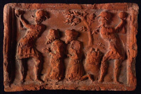 Hearthstone, from Antwerp Belgium, with narrow frame, the history of Susanna, hearth fireplace part ceramic brick, fired Hearth