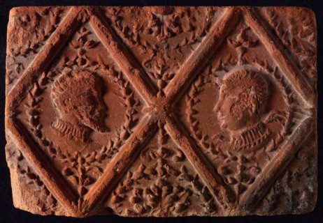 Hearthstone, from Antwerp Belgium, without frame, with male and female head, hearth fireplace component ceramics brick, fried