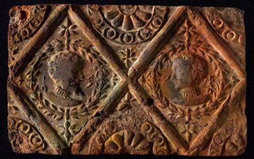 Hearthstone, from Antwerp Belgium, without frame, with male and female head, fireplace stone part ceramic brick, fried Hearth