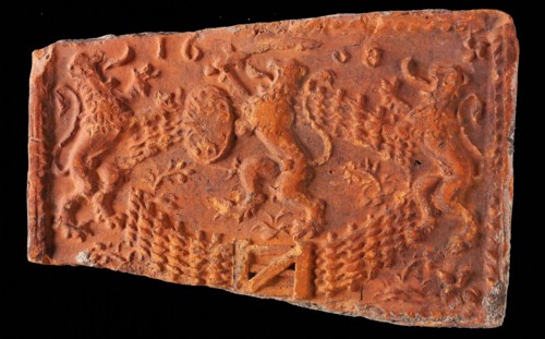 Hearthstone, from Antwerp Belgium, with narrow frame, with lion in Dutch garden, fire stone fireplace component ceramics brick