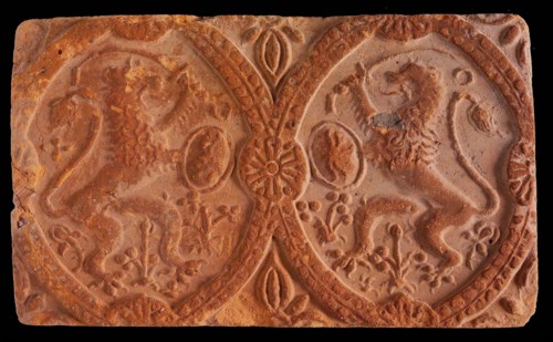 Hearthstone, from Antwerp Belgium, without frame, with two lions, hearth fireplace component ceramics brick, baked Hearth