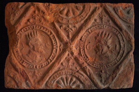Hearthstone, from Antwerp Belgium, without frame, with crowned male and female head, hearth fireplace component ceramics brick