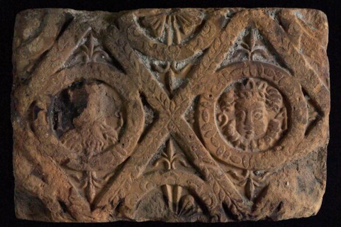 Hearthstone, from Antwerp Belgium, without frame, with male and female head, fireplace hearth part ceramics brick, fired Hearth