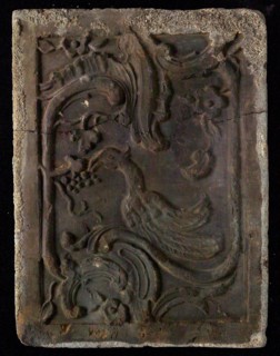 Hearthstone, Luiks, from Luik, Liege Belgium, with wide frame, with bird, flowers and grapes, hearth fireplace part ceramics