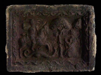 Hearthstone, Luiks, from Luik, Liege Belgium, with wide frame, with Saint George, hearth fireplace part ceramic brick, baked