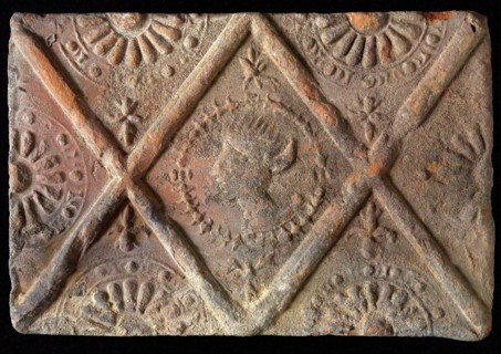 Hearthstone, from Antwerp Belgium, without frame, with crowned male head, hearth fireplace component ceramics brick, baked