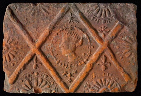 Hearthstone, from Antwerp Belgium, without frame, with crowned male head, hearth fireplace component ceramics brick, baked