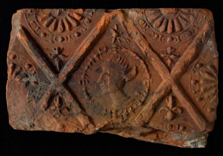 Hearthstone, from Antwerp Belgium, without frame, with crowned male head, fireplace stone part ceramic brick, baked Hearth stone