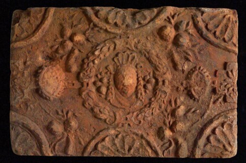 Hearthstone, from Antwerp Belgium, without frame, with mascaron, hearth fireplace component ceramics brick, baked Hearth stone